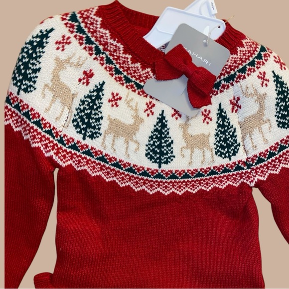 NEW TAHARI KIDS HOLIDAY SET•REINDEER SWEATER•CABLE-KNIT SKIRT•HAIR BOW•S/2T🎄 - Picture 3 of 13
